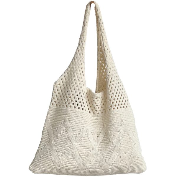 Vintage hollow crochet tote bag knitting women woven shoulder bag