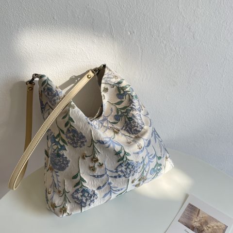 Dandelion shoulder bag women square bag with flowers pattern cloth bag gray blue color