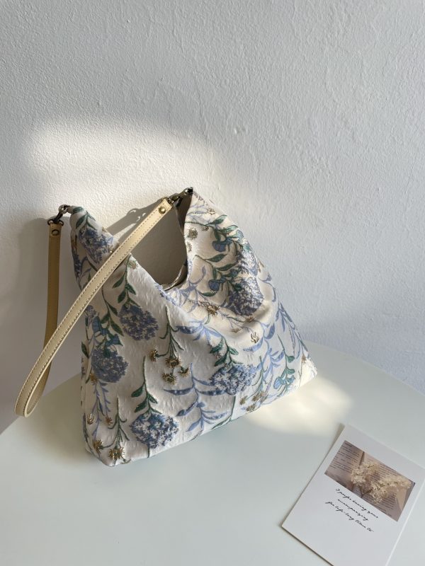 Dandelion shoulder bag women square bag with flowers pattern cloth bag gray blue color
