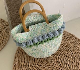 Handmade tulip crochet tote bag wool knitted bag gift Pink Cute handbags