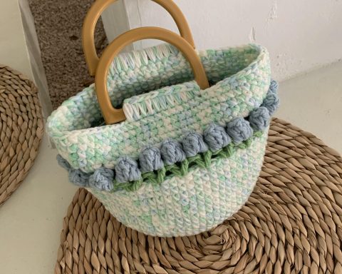 Handmade tulip crochet tote bag wool knitted bag gift Pink Cute handbags
