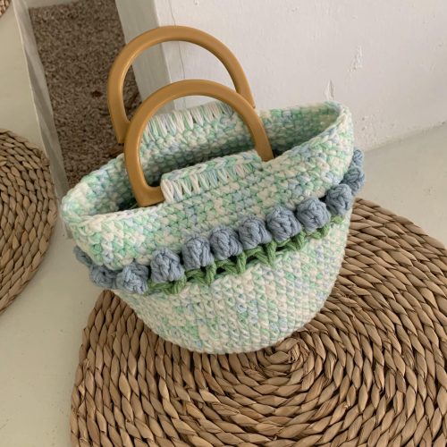 Handmade tulip crochet tote bag wool knitted bag gift Pink Cute handbags