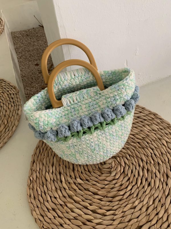 Handmade tulip crochet tote bag wool knitted bag gift Pink Cute handbags