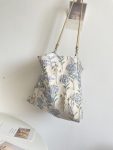 Dandelion shoulder bag women square bag with flowers pattern cloth bag gray blue color
