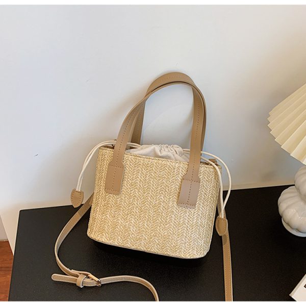 Handbags Straw Woven Bucket Bag with Leather Strap