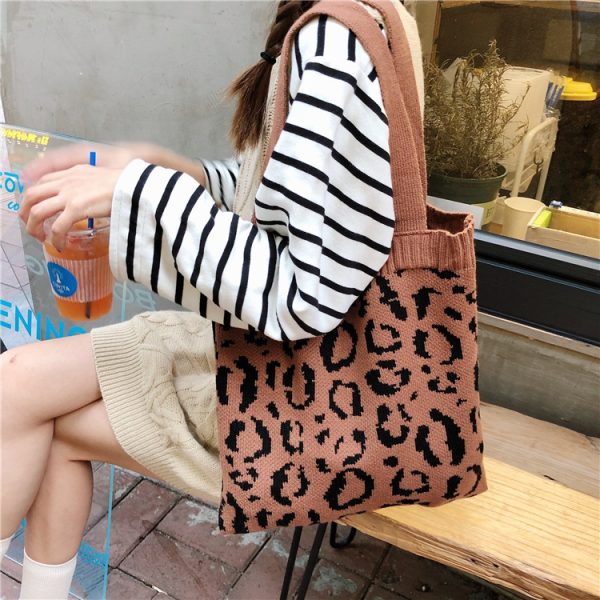 Crochet tote bag Women Casual Vintage Leopard Print