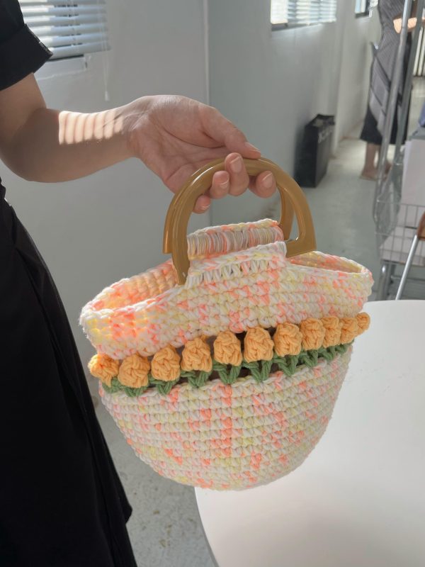 Handmade tulip crochet tote bag wool knitted bag gift Pink Cute handbags