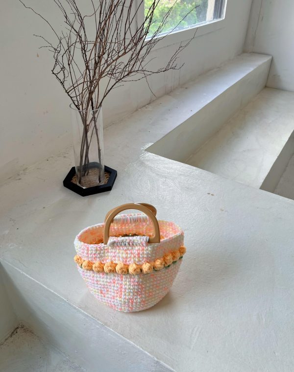 Handmade tulip crochet tote bag wool knitted bag gift Pink Cute handbags