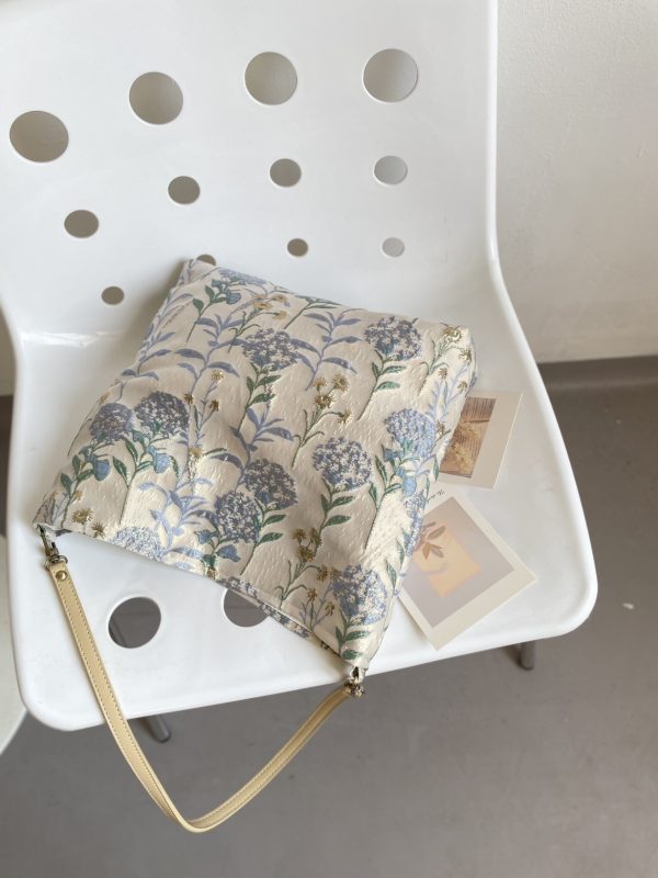 Dandelion shoulder bag women square bag with flowers pattern cloth bag gray blue color