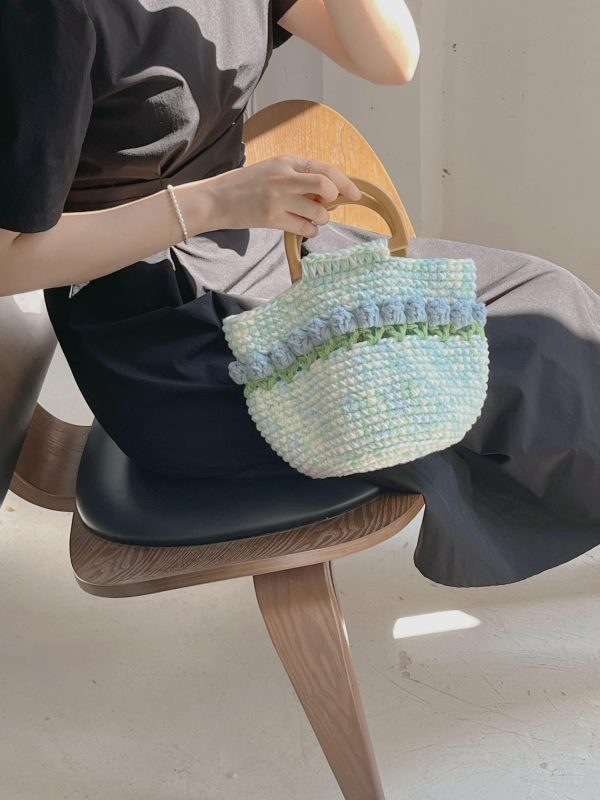 Handmade tulip crochet tote bag wool knitted bag gift Pink Cute handbags