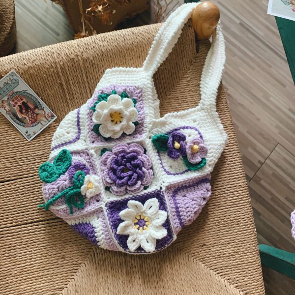 Handcrafted Violet wisteria flower crochet tote bag women wool cute woven shoulder bag