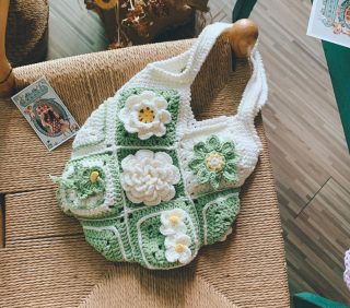 Handcrafted Violet wisteria flower crochet tote bag women wool cute woven shoulder bag