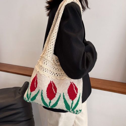 Hand-woven tulip crochet tote bag casual cotton hollow boho tote bags