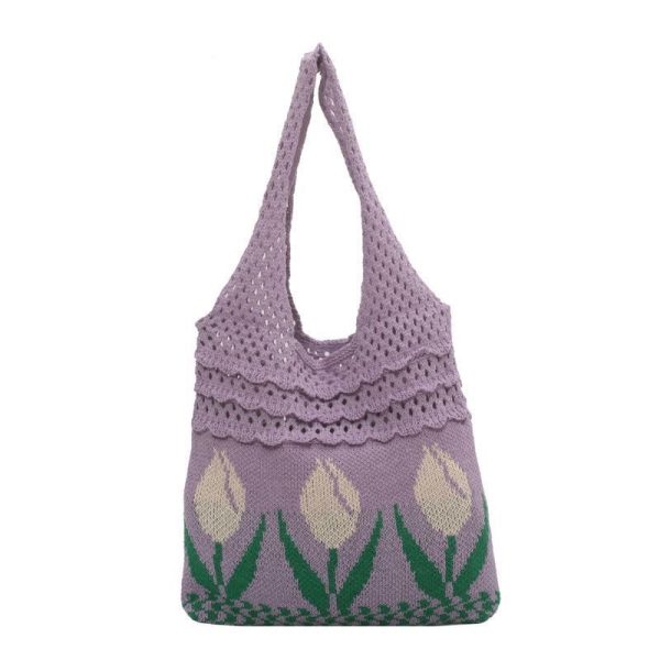 Hand-woven tulip crochet tote bag casual cotton hollow boho tote bags