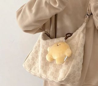 Large capacity shoulder bag casual crossbody bag white checkerboard pattern women tote bag for college student