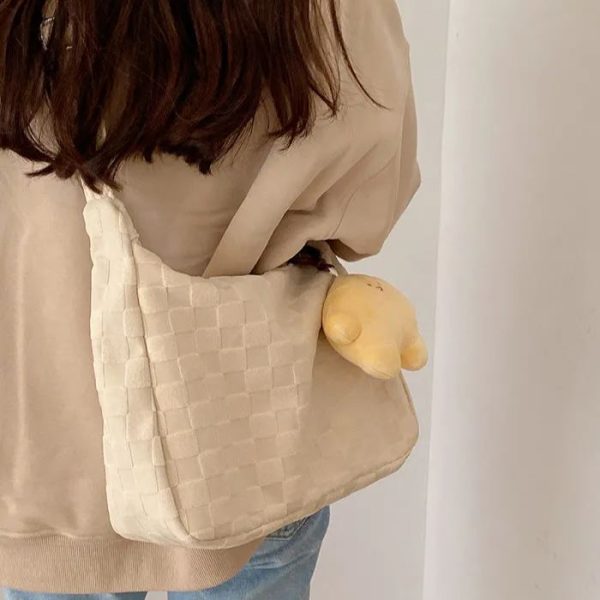 Large capacity shoulder bag casual crossbody bag white checkerboard pattern women tote bag for college student