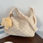 Large capacity shoulder bag casual crossbody bag white checkerboard pattern women tote bag for college student