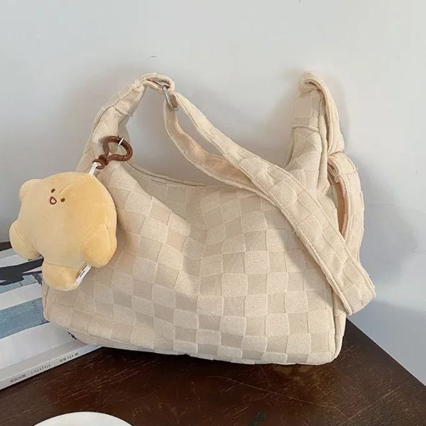 Large capacity shoulder bag casual crossbody bag white checkerboard pattern women tote bag for college student