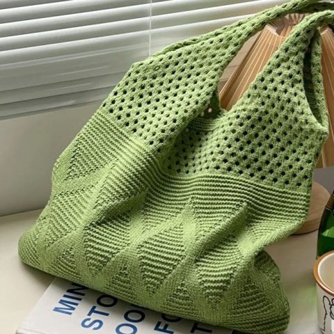 Vintage hollow crochet tote bag knitting women woven shoulder bag