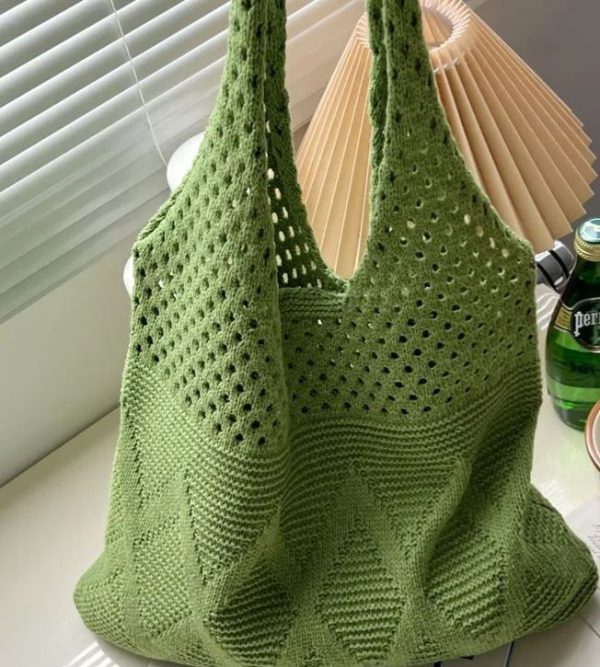 Vintage hollow crochet tote bag knitting women woven shoulder bag