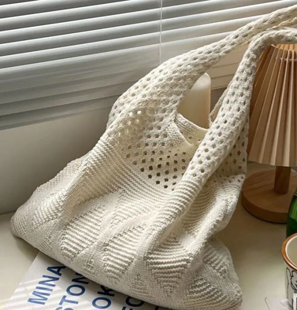 Vintage hollow crochet tote bag knitting women woven shoulder bag