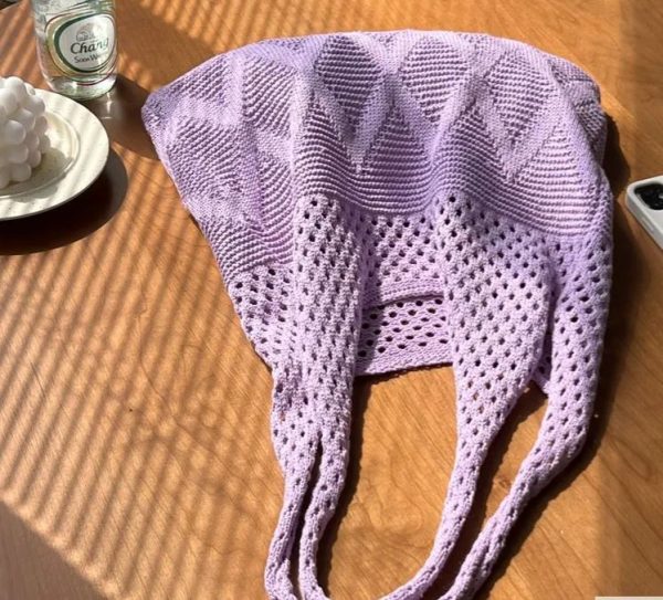 Vintage hollow crochet tote bag knitting women woven shoulder bag