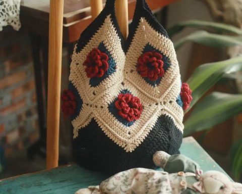 Hand-woven rose flower crochet tote bag Pastoral vintage women shoulder bag