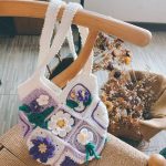 Handcrafted Violet wisteria flower crochet tote bag women wool cute woven shoulder bag