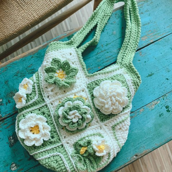 Handcrafted Violet wisteria flower crochet tote bag women wool cute woven shoulder bag
