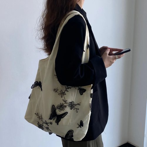 Vintage embroidered crossbody bag Black Butterfly lace Canvas Bags for women Casual Arts shoulder bag