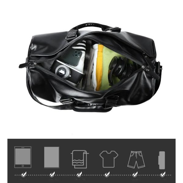 Leather mens crossbody bag Black travel Waterproof sports cylinder bag duffle bag with shoe compartment