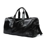 Leather mens crossbody bag Black travel Waterproof sports cylinder bag duffle bag with shoe compartment