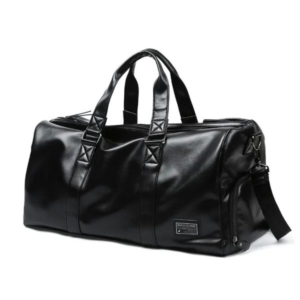 Leather mens crossbody bag Black travel Waterproof sports cylinder bag duffle bag with shoe compartment