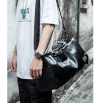 Leather mens crossbody bag Black travel Waterproof sports cylinder bag duffle bag with shoe compartment