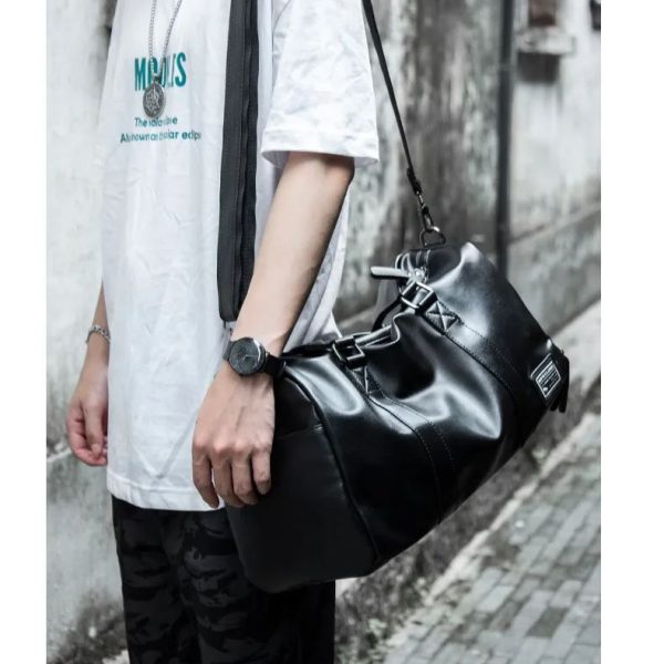 Leather mens crossbody bag Black travel Waterproof sports cylinder bag duffle bag with shoe compartment