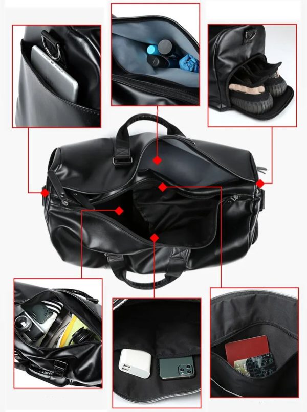 Leather mens crossbody bag Black travel Waterproof sports cylinder bag duffle bag with shoe compartment