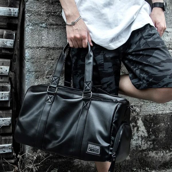 Leather mens crossbody bag Black travel Waterproof sports cylinder bag duffle bag with shoe compartment