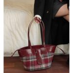 Plaid Handbag Cherry Red Shoulder Bag with Leather Strap