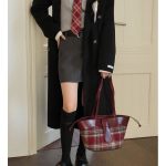 Plaid Handbag Cherry Red Shoulder Bag with Leather Strap