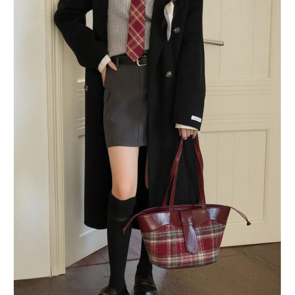 Plaid Handbag Cherry Red Shoulder Bag with Leather Strap