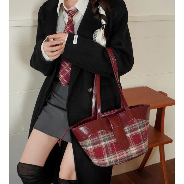 Plaid Handbag Cherry Red Shoulder Bag with Leather Strap