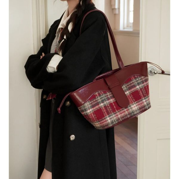 Plaid Handbag Cherry Red Shoulder Bag with Leather Strap