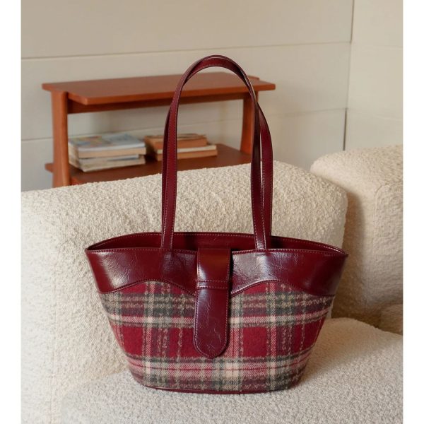 Plaid Handbag Cherry Red Shoulder Bag with Leather Strap