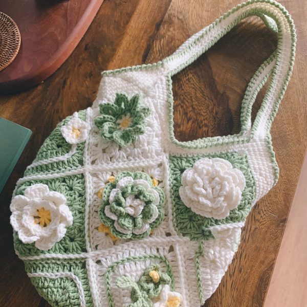 Handcrafted Violet wisteria flower crochet tote bag women wool cute woven shoulder bag