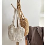 Handmade crochet tote bag cotton rope hollow bucket bag travel holiday beach boho tote bags