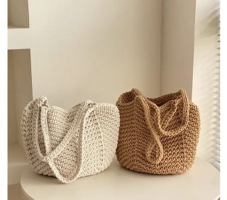 Handmade crochet tote bag cotton rope hollow bucket bag travel holiday beach boho tote bags