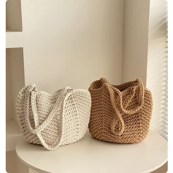 Handmade crochet tote bag cotton rope hollow bucket bag travel holiday beach boho tote bags
