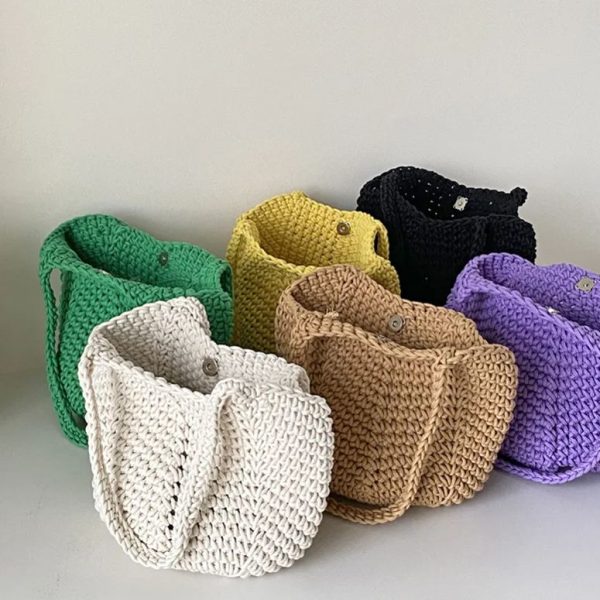 Handmade crochet tote bag cotton rope hollow bucket bag travel holiday beach boho tote bags