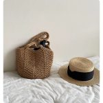 Handmade crochet tote bag cotton rope hollow bucket bag travel holiday beach boho tote bags
