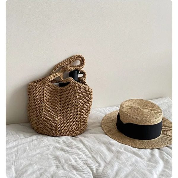 Handmade crochet tote bag cotton rope hollow bucket bag travel holiday beach boho tote bags